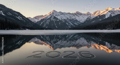 2020 Inscribed on Frozen Lake with Mountain Reflection, Winter Landscape