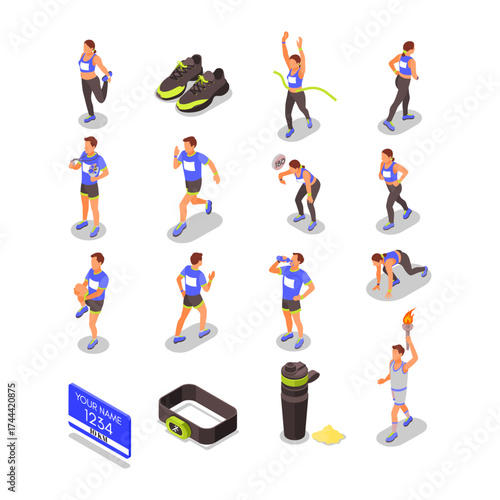 Healthy lifestyle and fitness isometric icons featuring athletes, running, and sports equipment, celebrating achievement