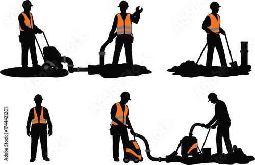 Construction workers, industrial labor, safety gear, cleaning equipment, teamwork, maintenance crew, shovel task, vacuum operation, supervisor role, job site silhouettes