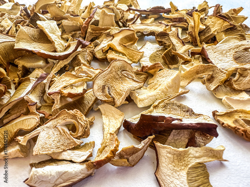 Dried mushroom slices, dried porcini mushrooms on sale in the store, dried mushrooms on the market, high protein product, dehydrated mushrooms, vegetarian or vegan food.