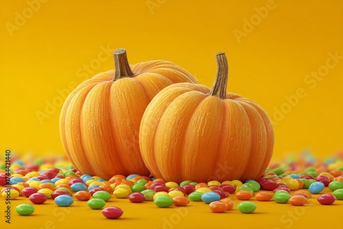 Vibrant halloween scene: pumpkins and sweets for festive inspiration. Creative concept. Slightly darkened halloween ambiance with pumpkins and sweets. Color background. Modern design.