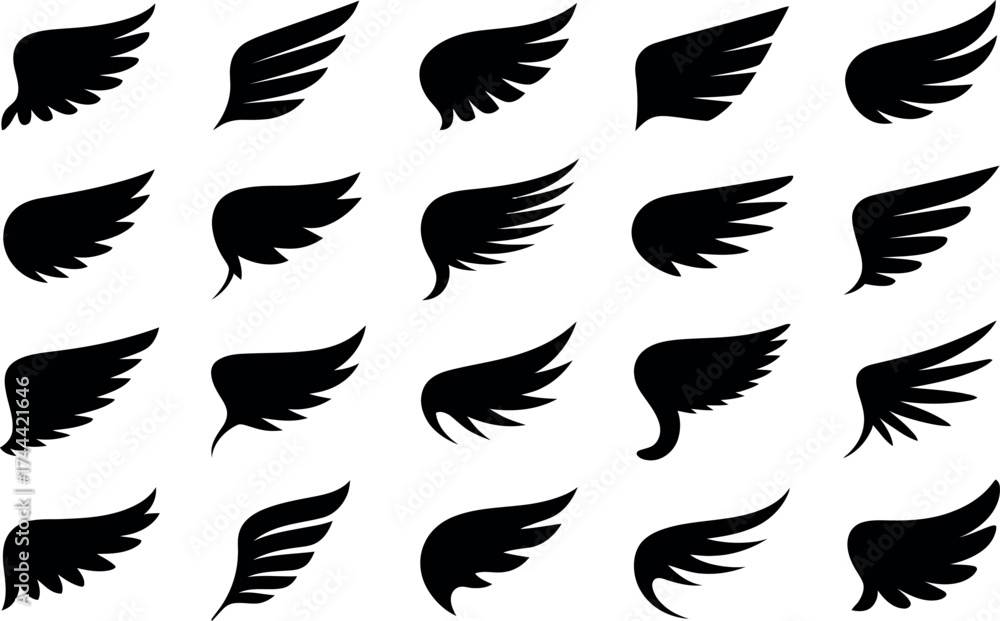 Obraz premium Collection of vector wings in various shapes and sizes for designs