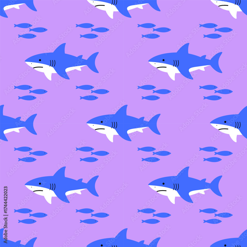 Fototapeta premium Marine summer tropical seamless pattern with sharks and fish on purple background. Design for textile and fabric, wrapping paper