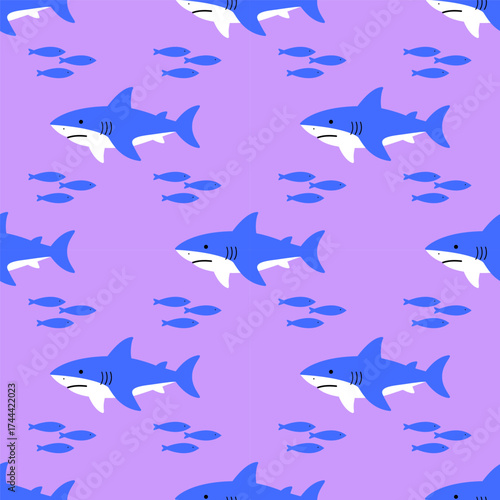 Marine summer tropical seamless pattern with sharks and fish on purple background. Design for textile and fabric, wrapping paper