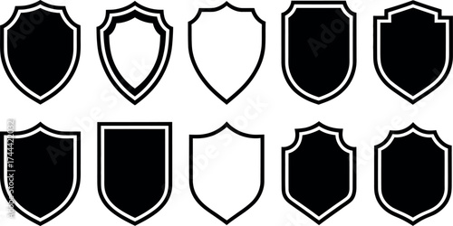 Set of shield icons different shapes in black and white color