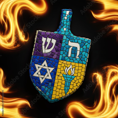 - Mosaic shield in blue purple yellow tiles symbolizing Judaism