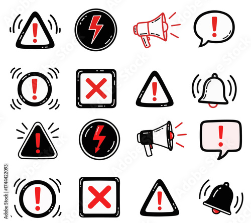 Urgent alerts and notifications icons like exclamation marks, bells, and megaphones grab attention for important messages.