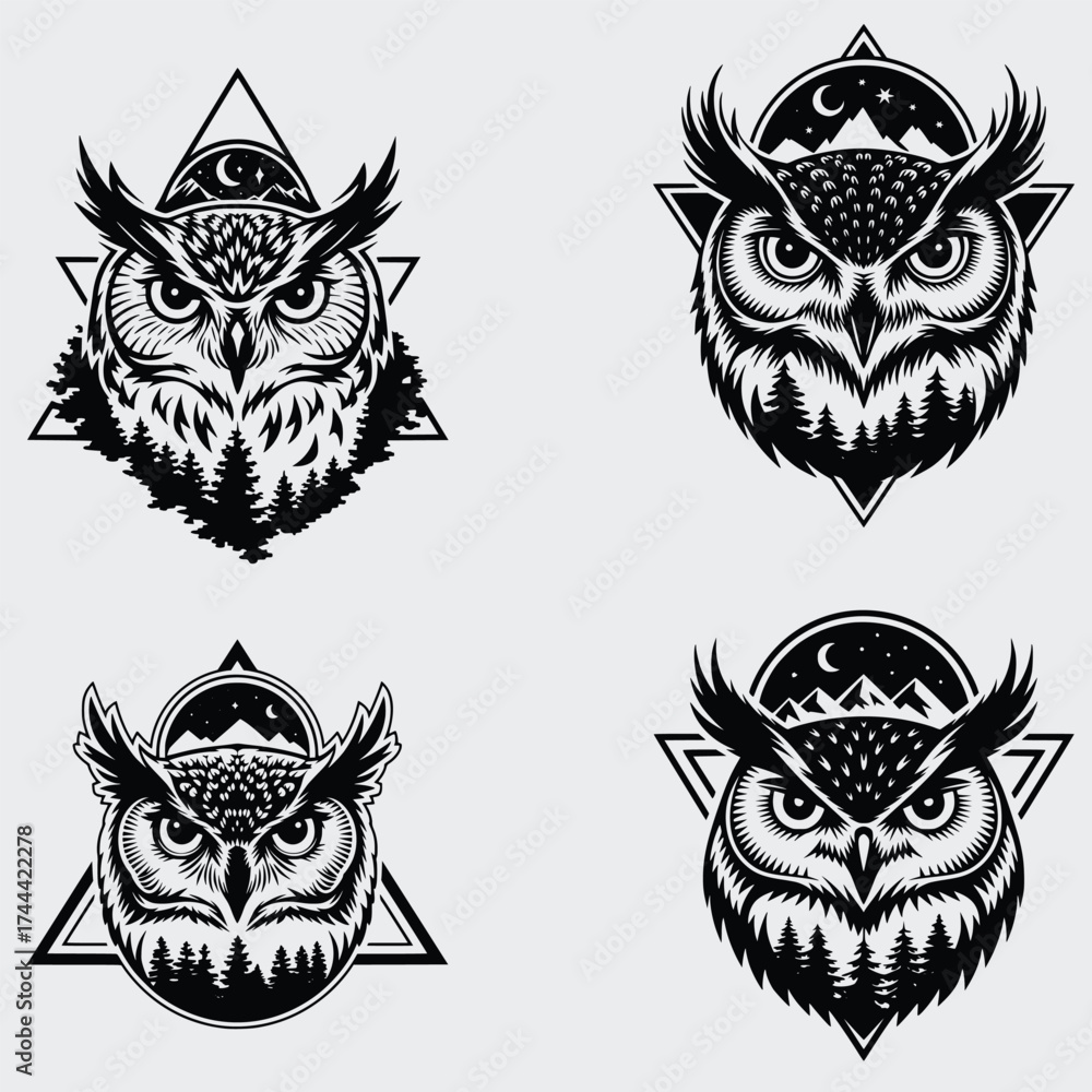 Fototapeta premium Geometric Owl SVG Bundle, Owl SVG, Owl Head SVG, Forest Owl SVG, Logotype SVG, Animals SVG, Cut File For Cricut, T-shirt Design, Geometric Owl SVG
