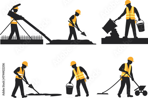 Construction workers, road paving, concrete pouring, safety gear, silhouettes, industrial labor, teamwork, machinery, asphalt work, infrastructure, compacting, hose spraying, bucket carrying