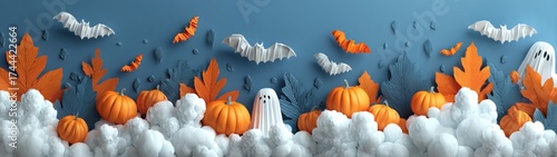 Whimsical halloween vibes: an overhead view of festive frights and delights. Movie cover. Atmospheric halloween setting with ghosts and pumpkin party elements. Fantasy poster. Scifi poster.