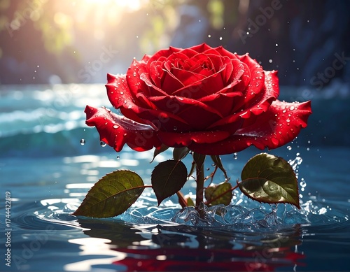 Vibrant red rose emerging from water splashes