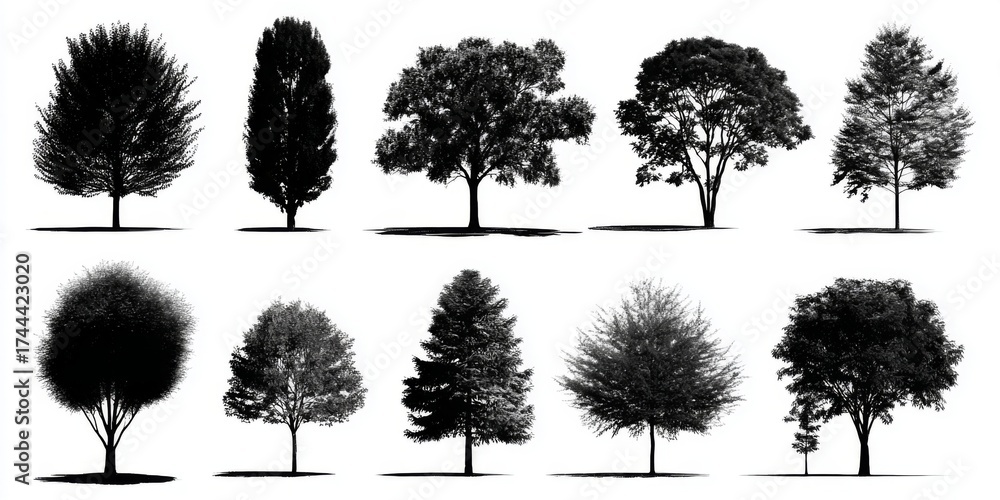 Fototapeta premium Collection of Black Silhouette Trees in Various Shapes Ideal for Seasonal Designs and Graphics