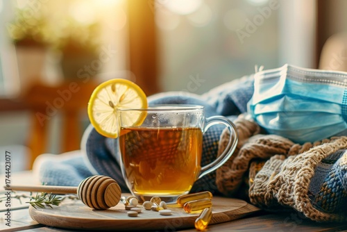 A Cozy Remedy A Warm Inviting Drink, Immunity Boost Ingredients, and a Face Mask on Desk