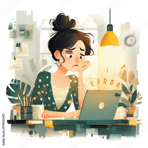 Illustration of a stressed woman looking at a laptop with an error message. Concept of technology frustration, burnout, and digital fatigue. Vector illustration