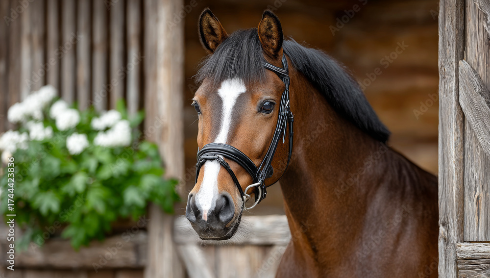 Obraz premium Horse standing in barn smiling. A brown horse with a white star on its forehead stands in a barn with flowers nearby, looking calm and relaxed.