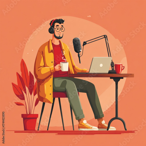 Vector illustration of cheerful man podcasting with coffee or tea, laptop, and microphone. Concept of creativity, modern communication, and media work. Vector illustration