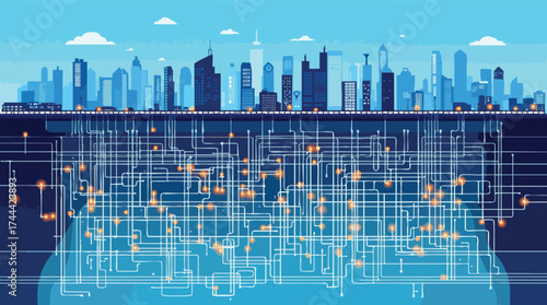 Futuristic city skyline with underground network of glowing circuits and lights technology.
