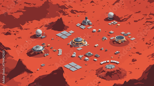 Isometric view of a Martian colony with domes, solar panels, and spacecraft Mars exploration.