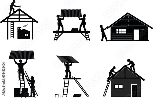 Construction workers, roofing teamwork, corrugated metal installation, house building process, ladder safety, teamwork illustration, black and white, home improvement, architecture, labor