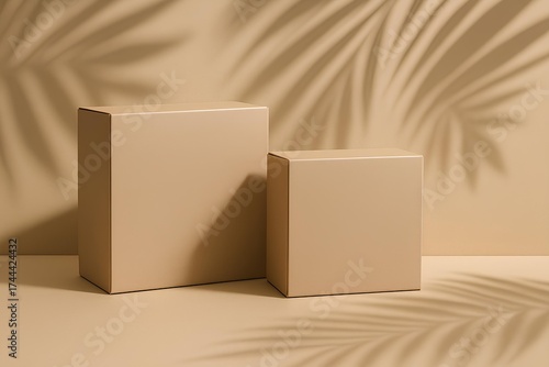 Premium mockup of packaging boxes with shadows of palm leaves, tropical elegance