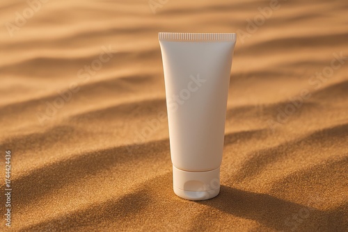 Premium mockup of cosmetic tube on golden sand with soft sunlight