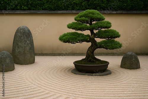 Peaceful zen garden with stones and bonsai tree