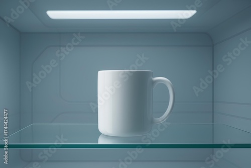 Minimalist mockup of a white ceramic mug on a floating glass shelf, futuristic interior