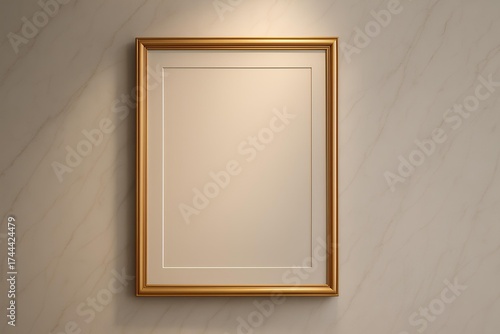 Luxury poster mockup on a marble wall with golden frame, soft spotlight