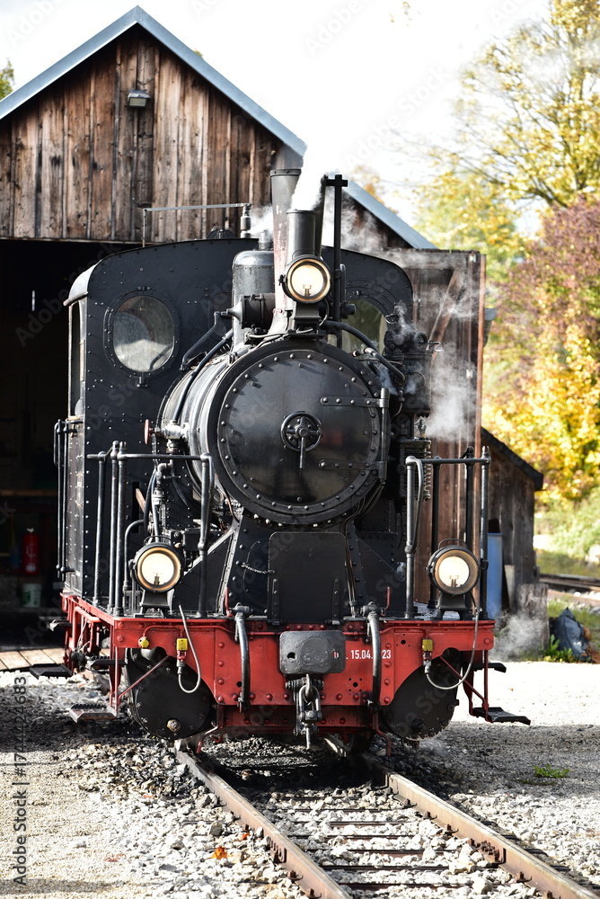 Naklejka premium Schmalspur - Museumsbahn auf dem Härtsfeld mit Dampflokomotive, Personenwagen, Triebwagen in herbstlicher Landschaft