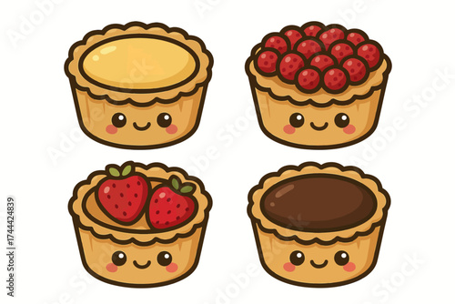 Cute cartoon pies with various toppings: vanilla, berry, strawberry, chocolate