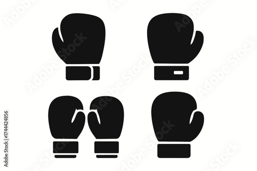 Minimalist black boxing glove icons in various positions on white background