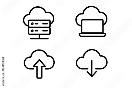 Cloud computing icons: server, laptop, upload, download symbols