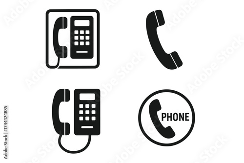 Black and white telephone icon set featuring handset and keypad designs