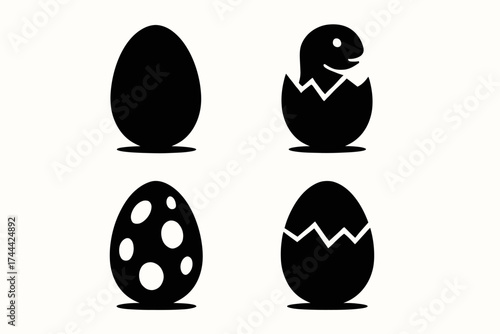 Silhouette dinosaur egg icons: hatching process and varied designs