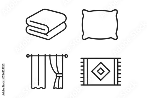 Minimalist line icons of home textiles: blanket, pillow, curtains, rug