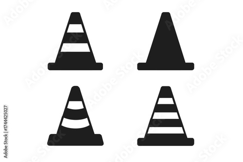 Set of four black traffic cone silhouettes with varied stripe patterns