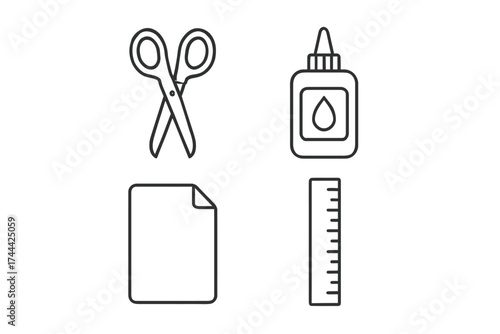 Minimalistic school supplies: scissors, glue, paper, ruler line art illustration