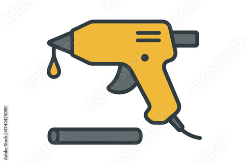 Yellow hot glue gun with dripping glue and gray glue stick icon