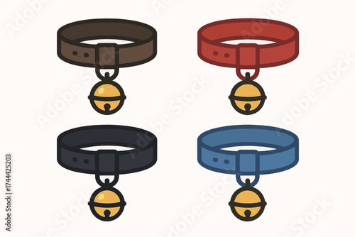 Colorful cat collars with bells in brown, red, black, and blue