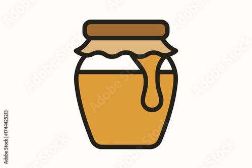 Simple honey jar with dripping honey icon with brown lid and label