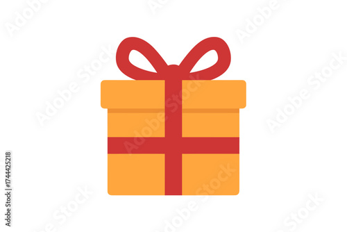Yellow gift box with red ribbon and bow on white background