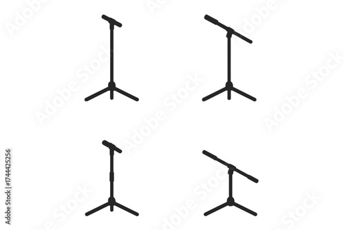 Set of microphone stands in various angles and configurations on white background