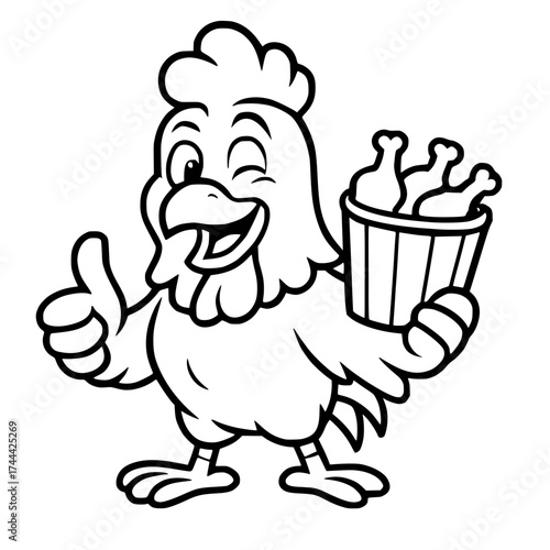 Vector for coloring, chicken mascot carrying fried chicken