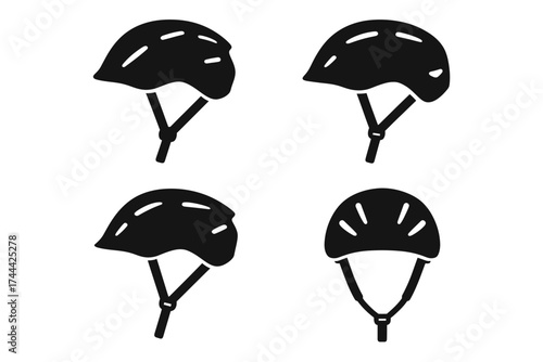 Set of four black bicycle helmets in various styles for safety gear