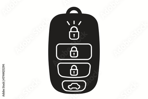 Black car key fob with lock and unlock symbols illustrated