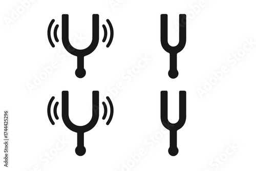 Tuning fork icon set with vibration symbols in simple black design