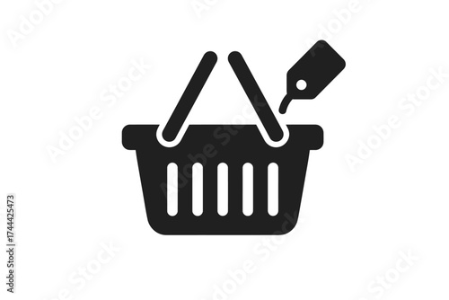 Black shopping basket icon with price tag on white background