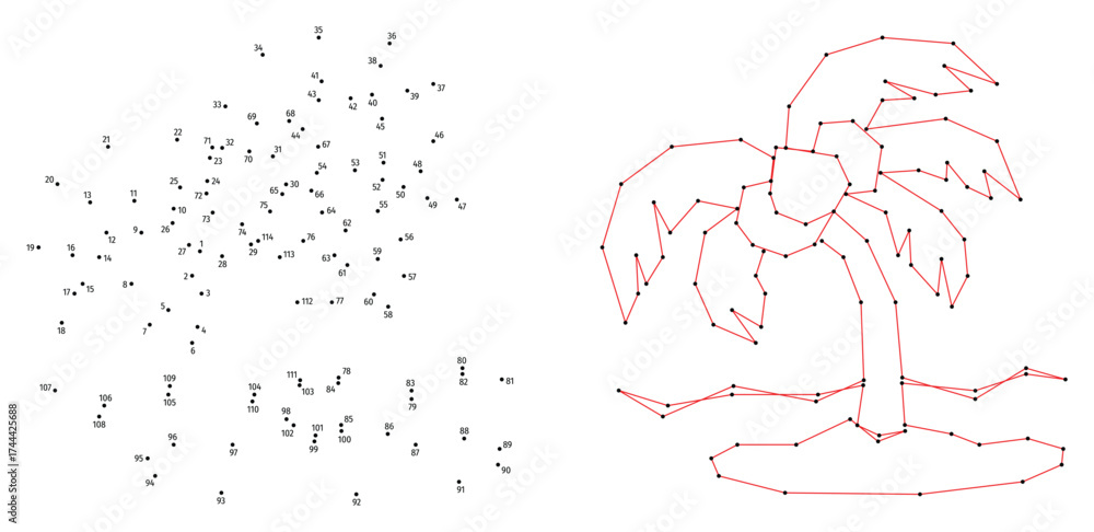 Obraz premium Small island with a palm tree. Connect the dots educational drawing game. Dot to dot by numbers puzzle. Google Font Fira Sans Condensed.