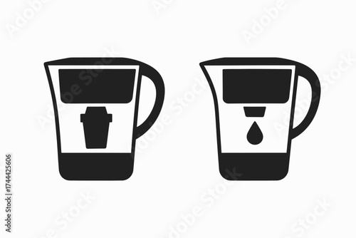 Black and white water filter and pitcher icons on white background
