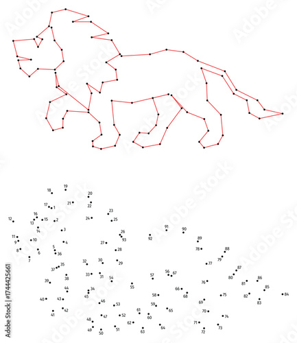 Adult lion. Side view. Connect the dots educational drawing game. Dot to dot by numbers puzzle. Google Font Fira Sans Condensed.